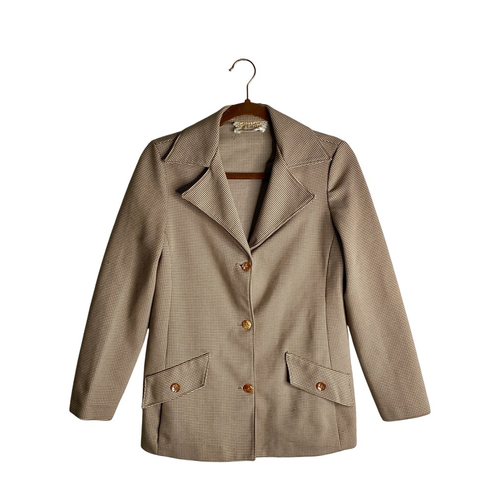 VTG 70s Center Stage Houndstooth Blazer Jacket Brown Tan Academic Dark Academia